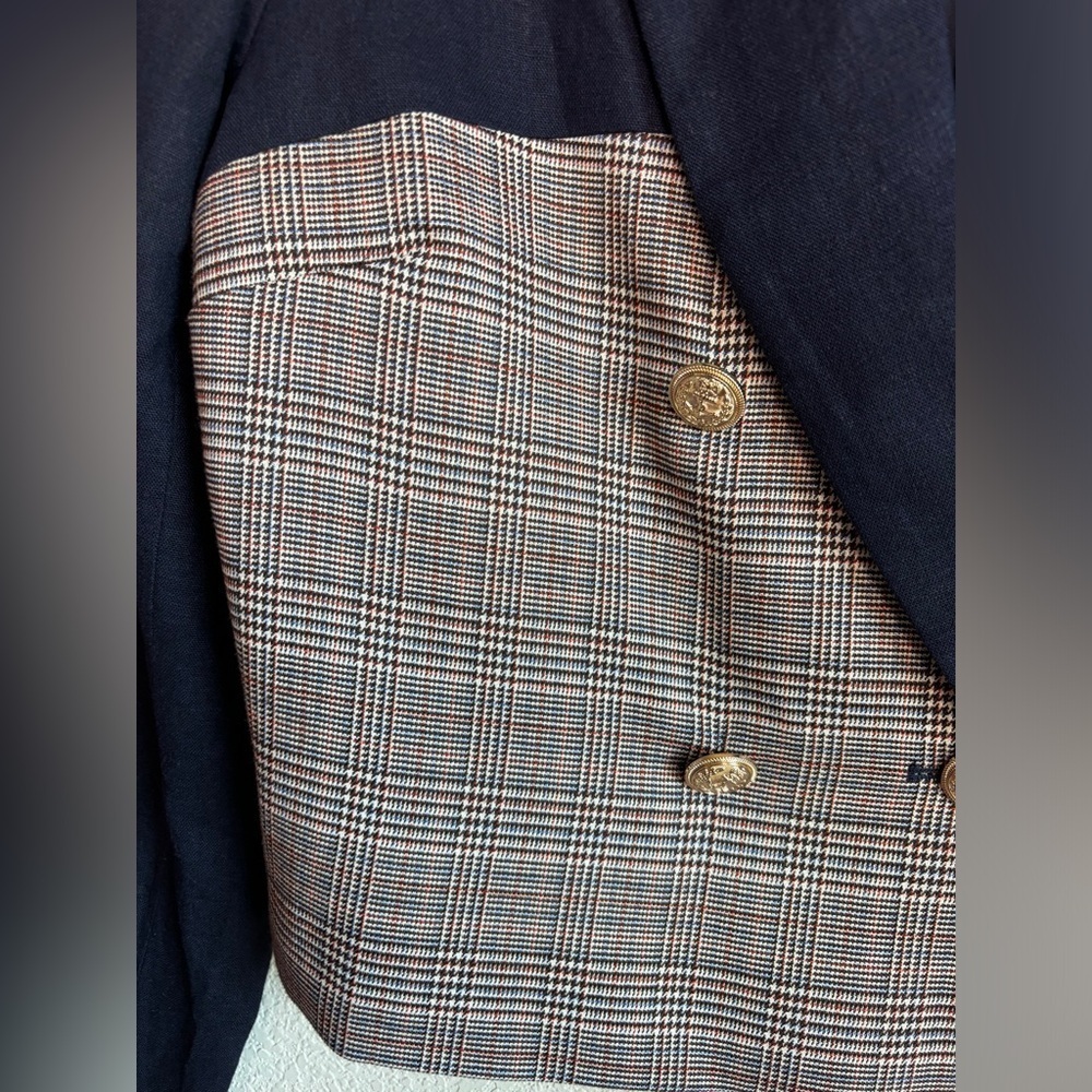 Jason Wu Navy Linen & Plaid Mixed Media Double Breasted Cropped Blazer L - Picture 6 of 12